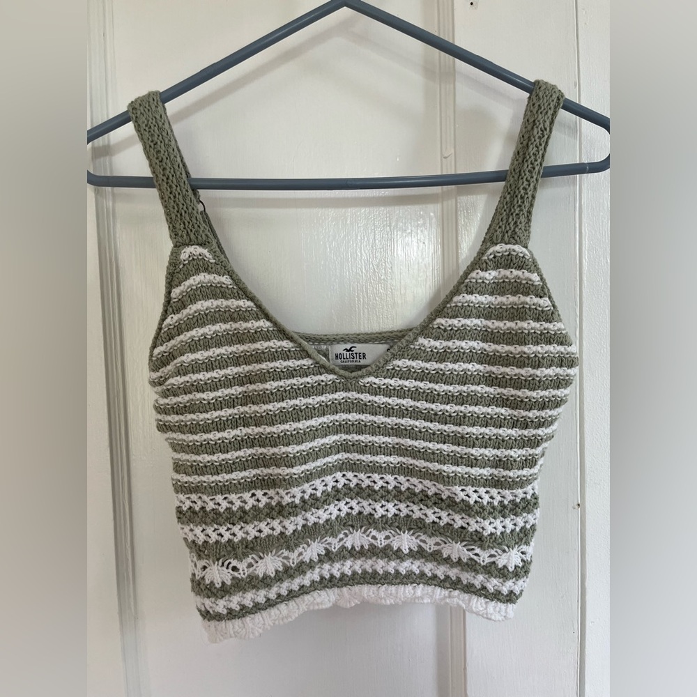Hollister Co. Green and White Striped Crochet Tank Top